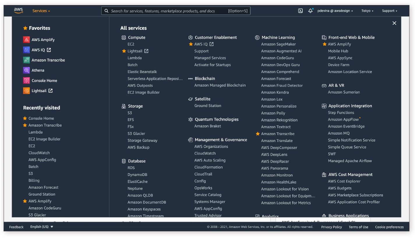 The redesigned AWS global header with the services navigation open