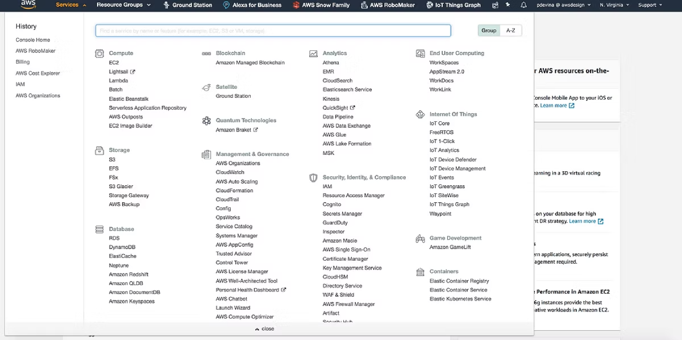 The previous AWS services navigation