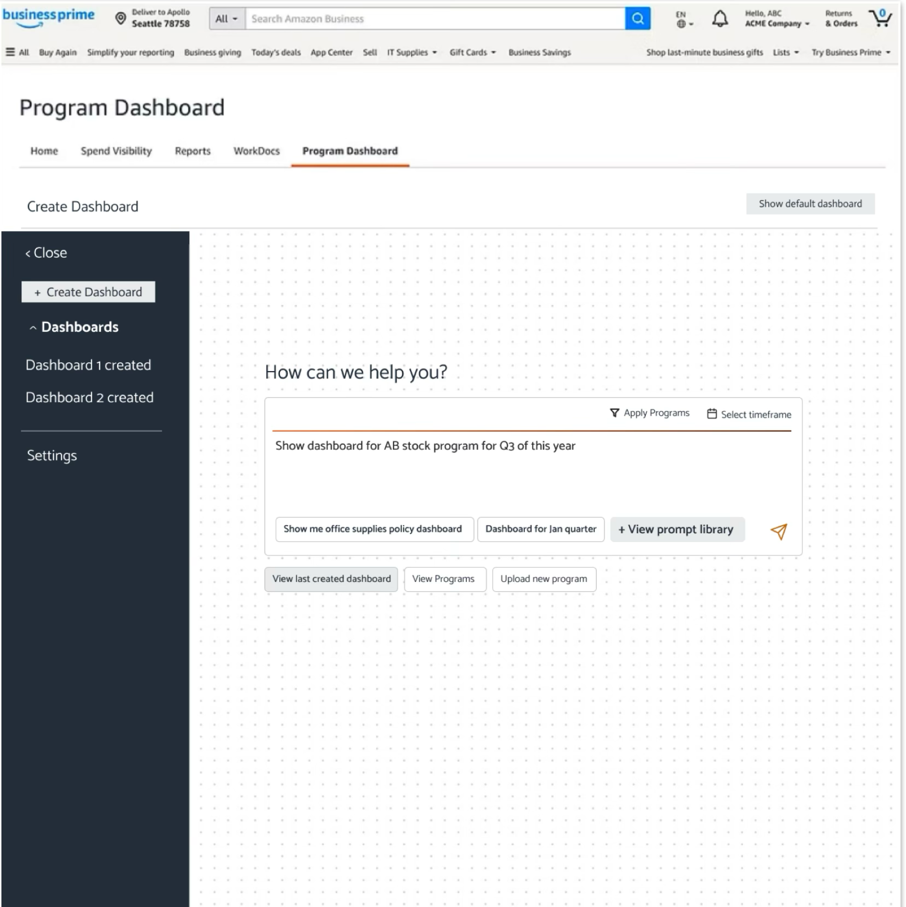 Creating a dashboard from a natural-language prompt
