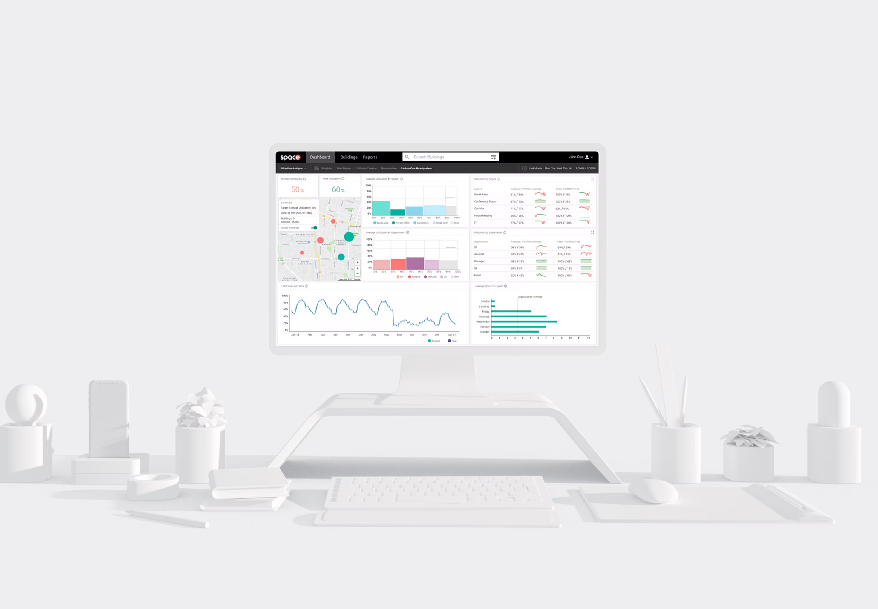 The Enlighted Space utilization dashboard on a monitor in a monochrome desk scene, showing average and peak utilization, a building map and utilization by space and department