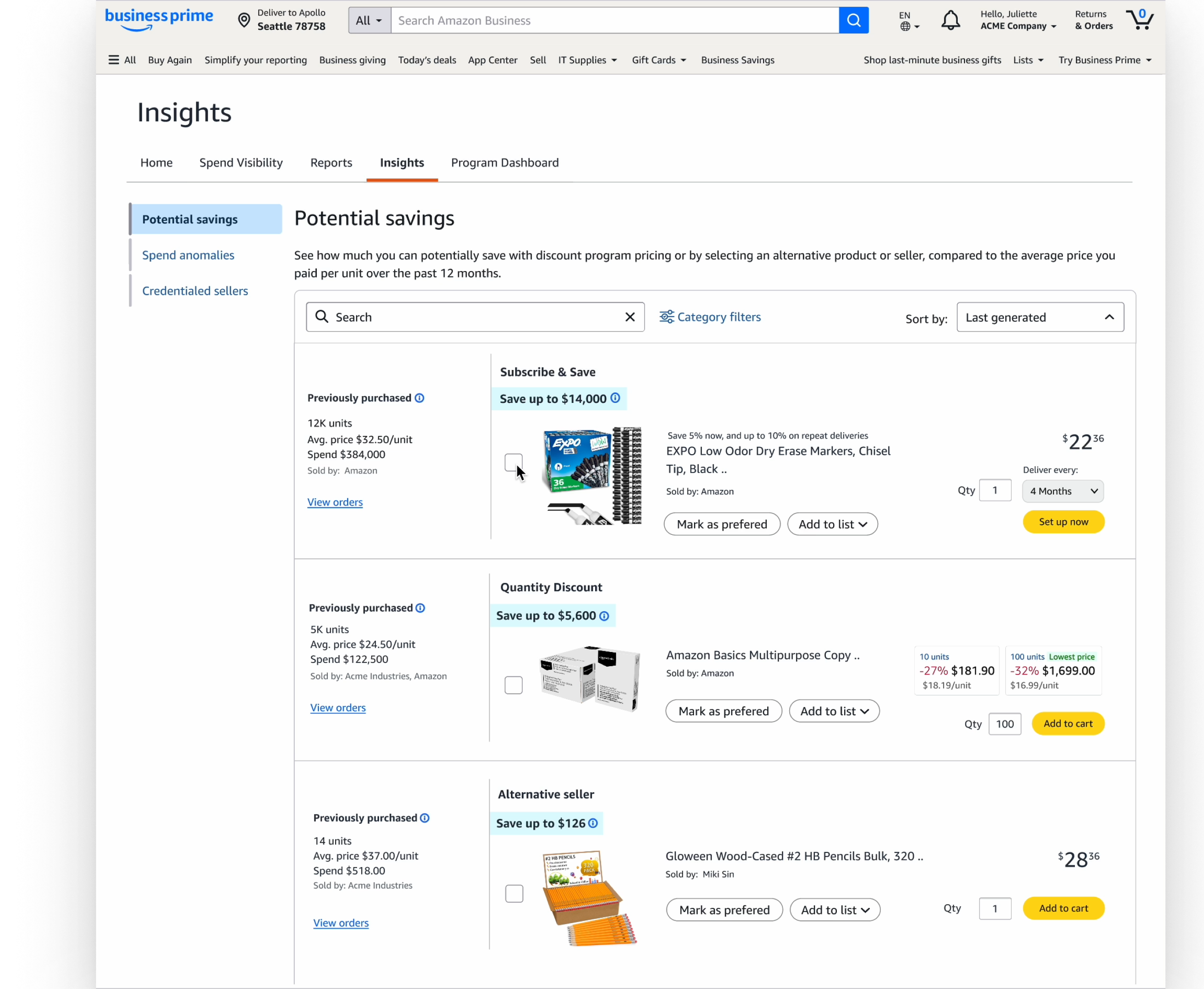 The Potential savings view inside Amazon Business Insights