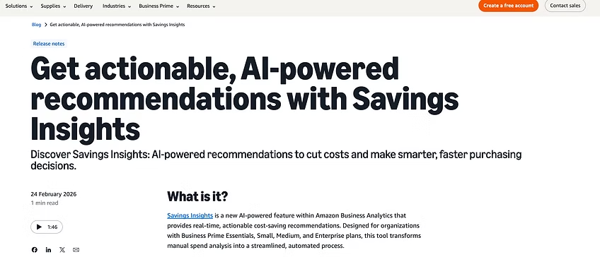 Amazon Business release notes: Get actionable, AI-powered recommendations with Savings Insights