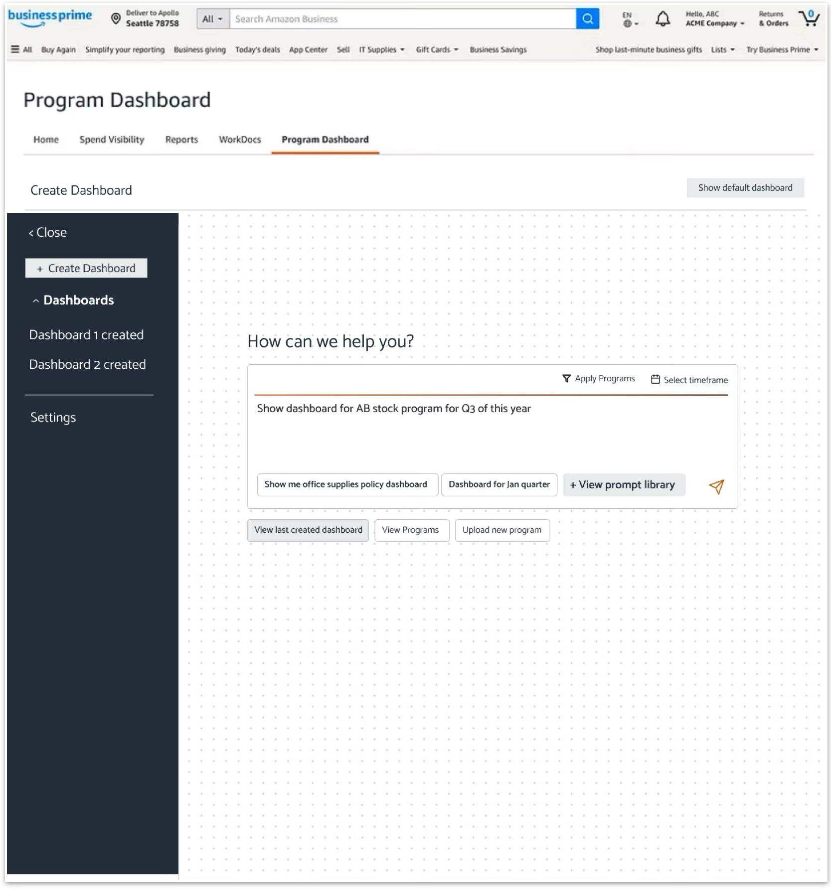 Create Dashboard with a natural-language prompt entered